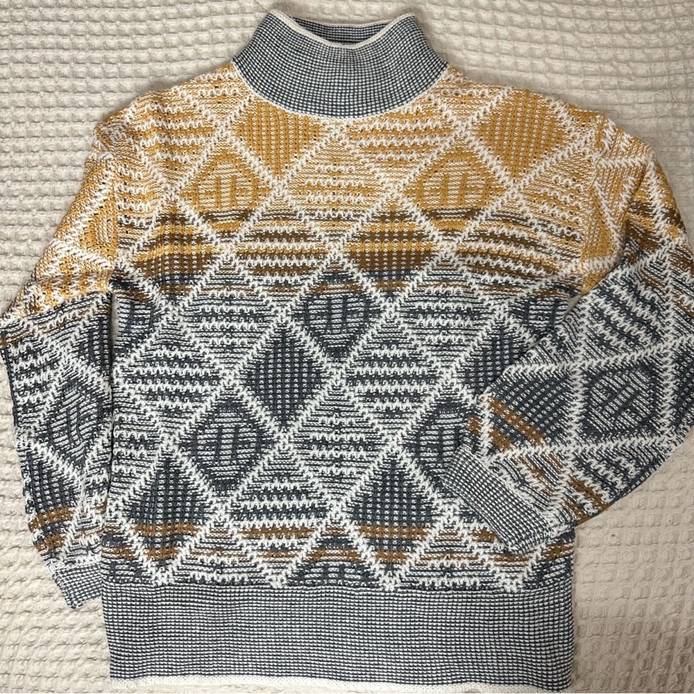 HEM & THREAD Aztec Mock Turtleneck Geometric Textured Patterned Sweater Pullover - Picture 7 of 10